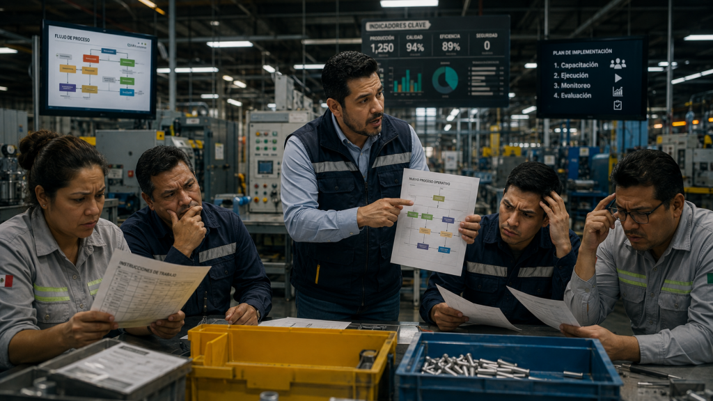Supervisor explicando cambios operativos a trabajadores en una planta