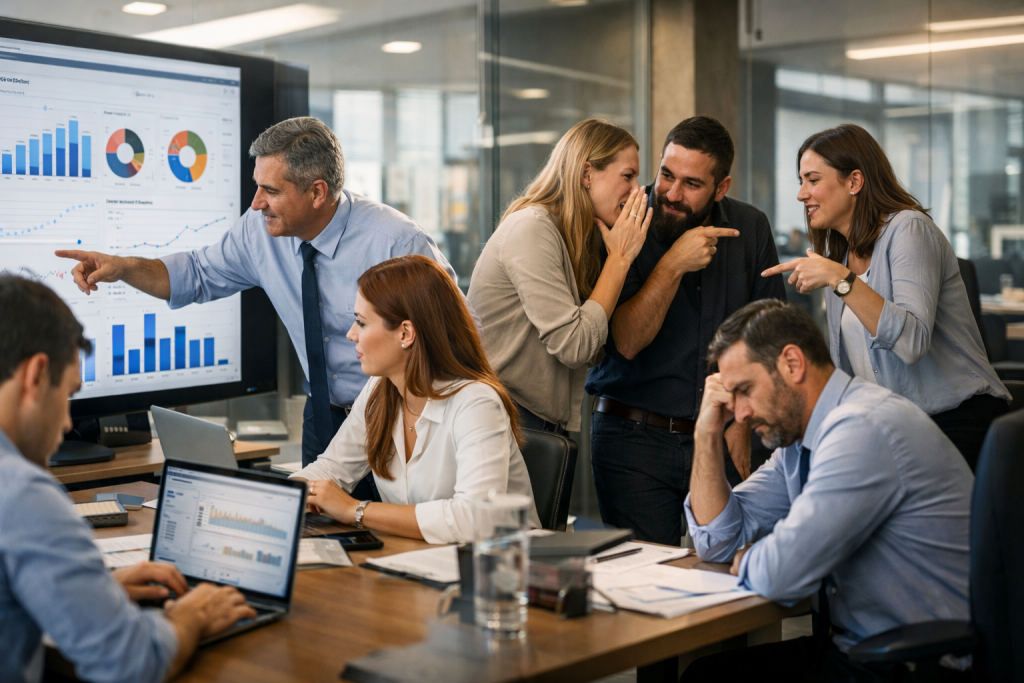 Comparación en oficina corporativa entre un equipo colaborando con dashboards y datos y otro grupo de empleados susurrando y señalando a un compañero, representando liderazgo basado en datos frente a cultura de rumores.