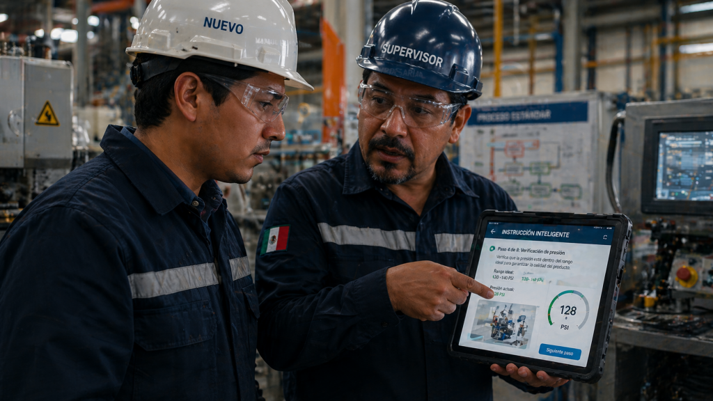 Supervisor capacitando operador con apoyo de inteligencia artificial documental.