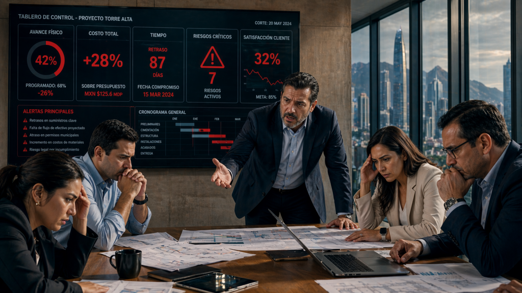 Junta directiva revisando indicadores críticos de proyecto.