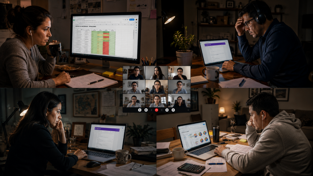 Equipo administrativo trabajando remotamente usando herramientas de Google