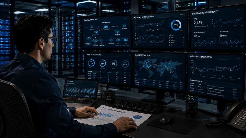 Ingeniero analizando rendimiento e infraestructura tecnológica empresarial