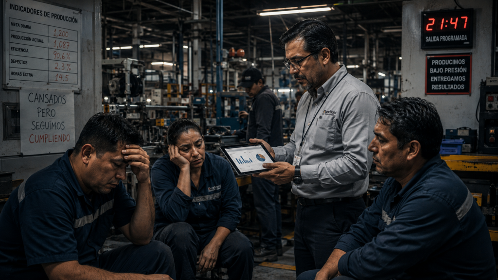 Supervisor revisando horas extra y carga laboral en planta