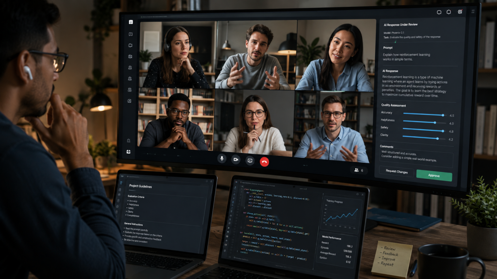 Colaboradores internacionales participando en proyectos de entrenamiento de Inteligencia Artificial.