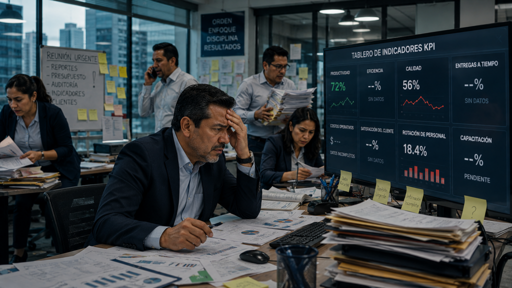 Gerente revisando indicadores con información incompleta.