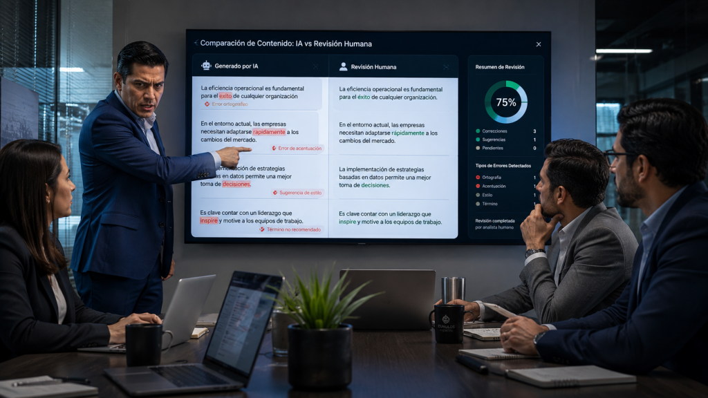 Equipo directivo revisando información generada por Inteligencia Artificial.