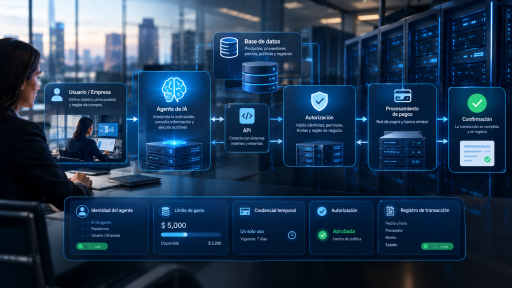 Arquitectura empresarial de un sistema de pagos con agentes de inteligencia artificial, autorización y servidores.